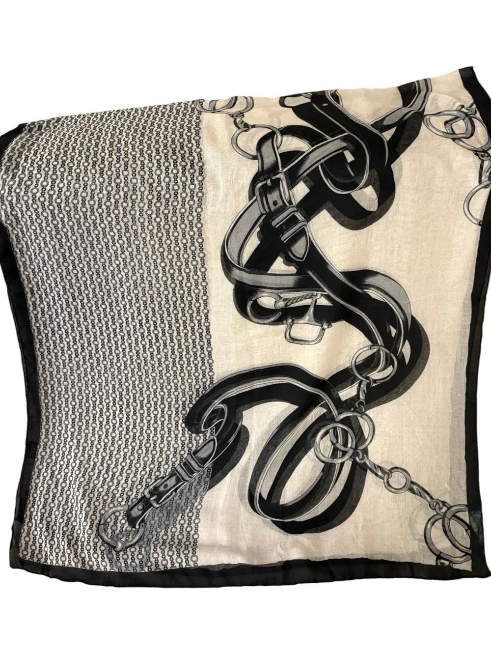 Huge 62”x70” Black & White Equestrian Motif Print Scarf - Women's Accessory